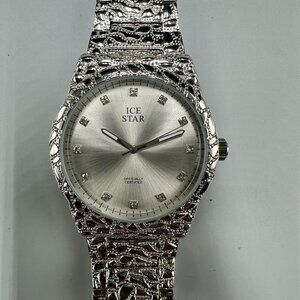 Ice Star Watch Men Silver Tone Nugget 43MM Round New Battery 8.5 Inch